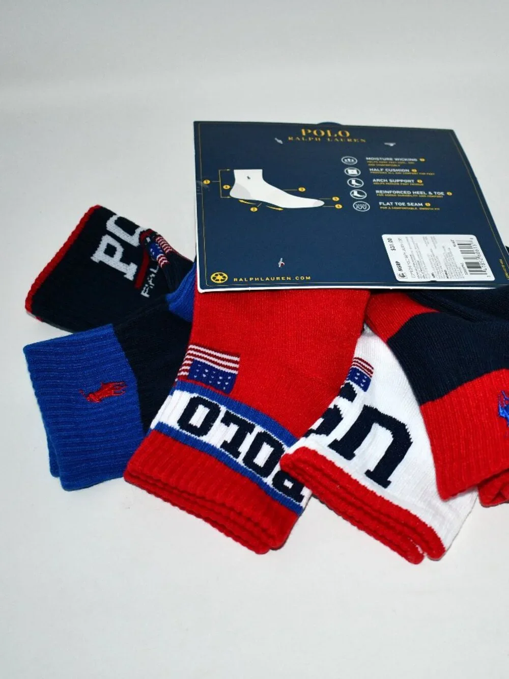 Polo Ralph Lauren 6-pack quarter length socks Rugby stripes w flag & USA #824681